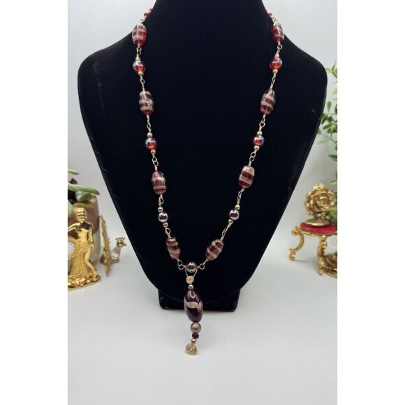 Murano Style Ruby Red Gold Foil Glass Beaded Necklace Venetian Lampwork Pretty - Picture 2 of 8